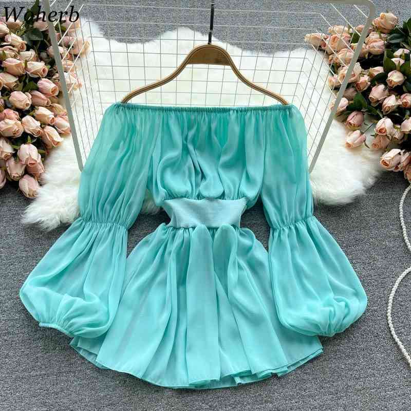 Off Shoulder Top Summer Chic Chiffon Blouse Puff Sleeve Shirt Korean Women Blusas Vintage Blouses Clothes 210519