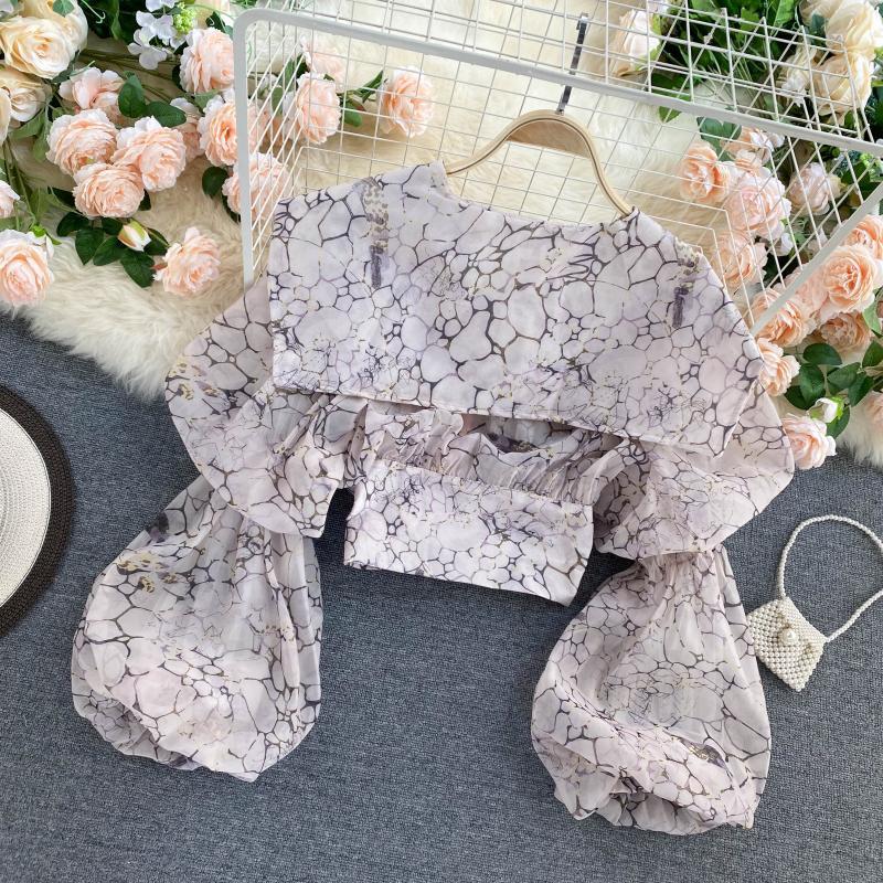 Women's Autumn Spring Blouse European Court Style Retro Puff Sleeve Big Lapel Short Zipper Printed Shirts Female Blusa PL541 210506