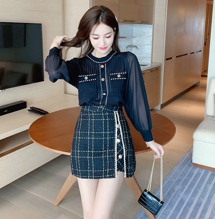 Fashion 2 Piece Set Autumn Women Chiffon Patchwork Long Sleeve Knit Top + High Waist Plaid Tweed Mini Skirt Suit 210519