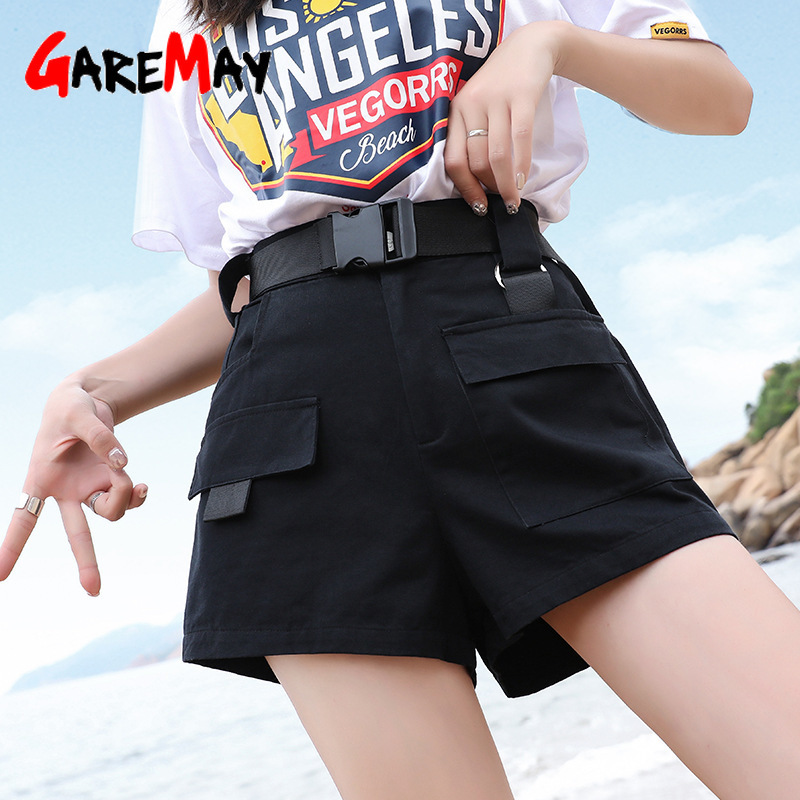 Women's shorts summer High Waist With Belt Black streetwear Classic Cargo Harajuku Khaki For Women 210428