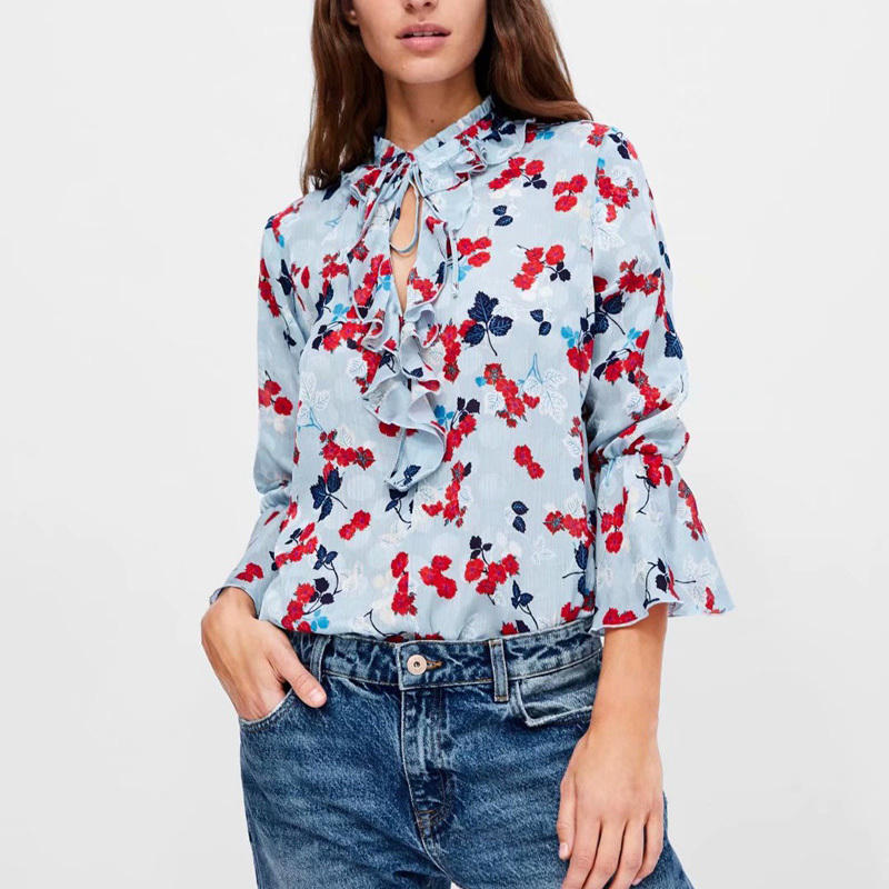 Casual Floral Blouse Pullover Shirts Flare Sleeve Ruffles Lace Up Stand Collar Spring Women Tops 210525, Blue
Casual Floral Blouse Pullover Shirts Flare Sleeve Ruffles Lace Up Stand Collar Spring Women Tops 210525, Blue
