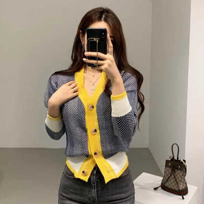 V-neck Single-breasted Korean Cardigan Sweater Women Autumn Winter Color-blocked Long Sleeve Fashion Elegant Ladies Tops 211011Z