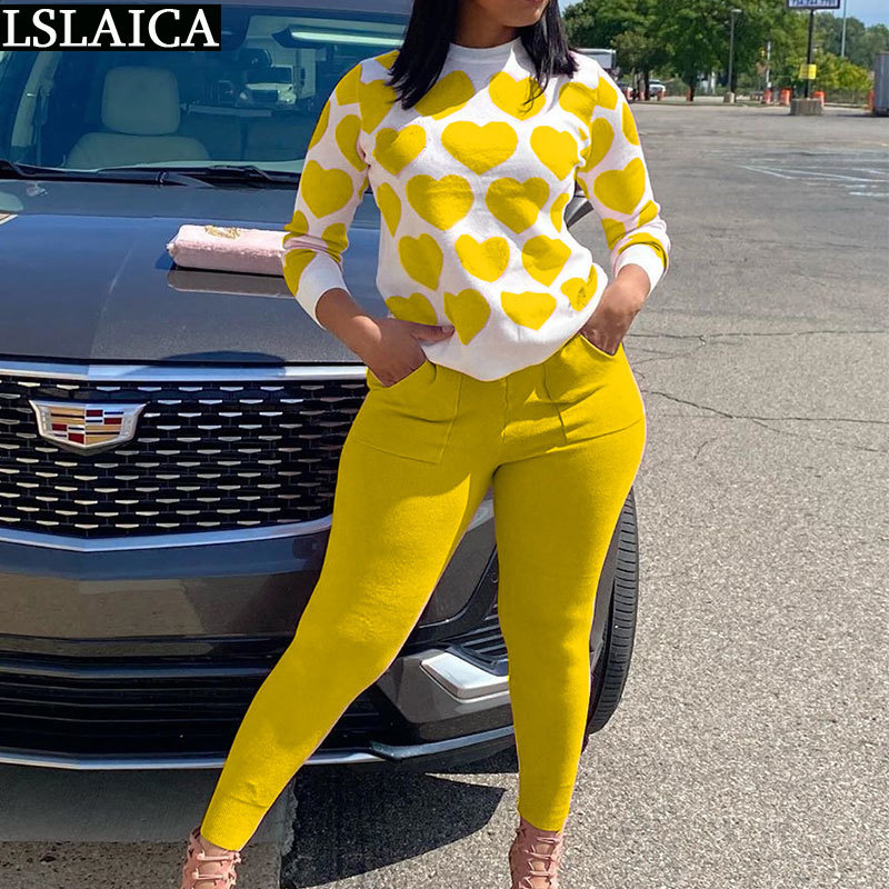 Sets Womens Outfits Heart-shaped Print Long Sleeve Tops Solid Woman Pants Two Piece Set Casual Fashion Winter Clothes Women 210520