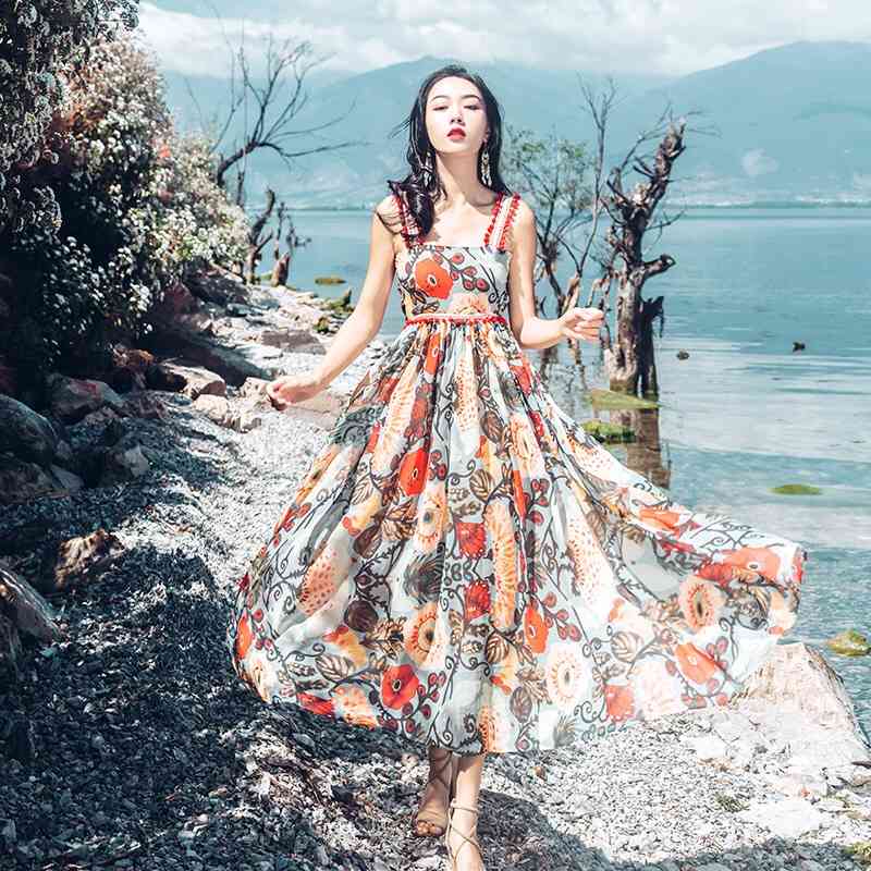 Elengant Flower Print High Waist Spaghetti Midi Dress Party Holiday Style Tassel A-line Long Dresses Vestidos 210421