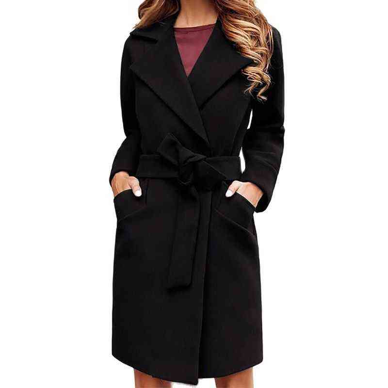 Autumn Office Turn-down Collar Lady Overcoat Fashion Simple Pocket Solid Belted Cardigan Outwear Winter Long Sleeve Women Coats 211130