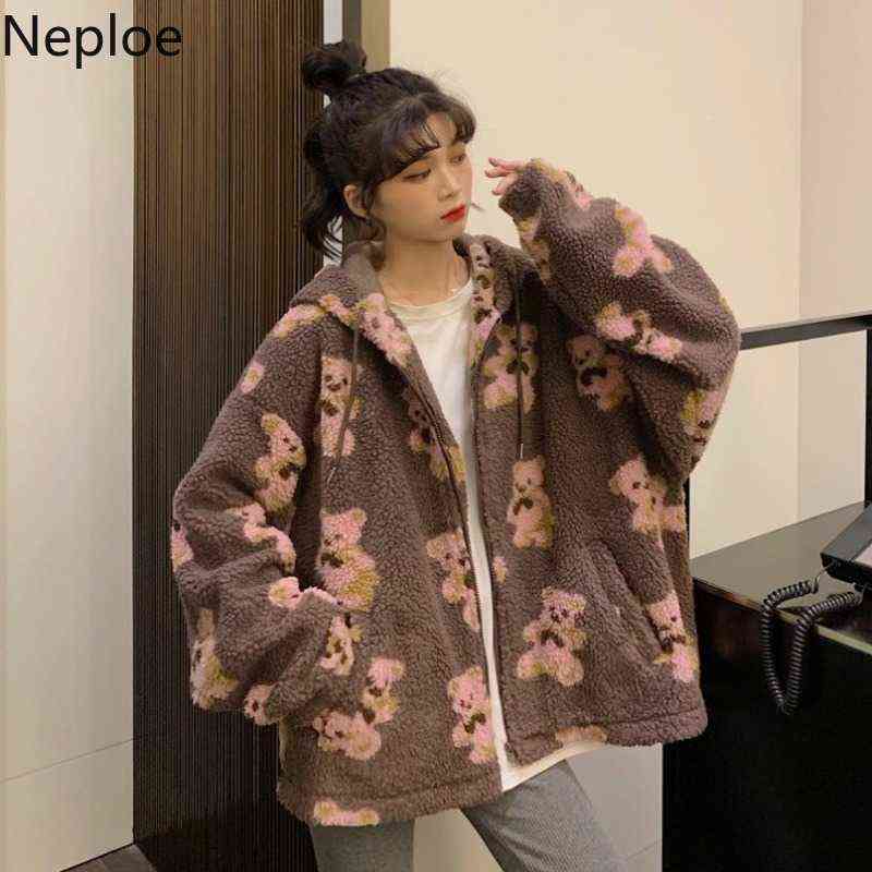 Neploe Cute Women Hoodie Winter Loose Hoodies Sweatshirts Streetwear Thick Lamb Wool Bear Coat Zipper Oversized Outwear 211109