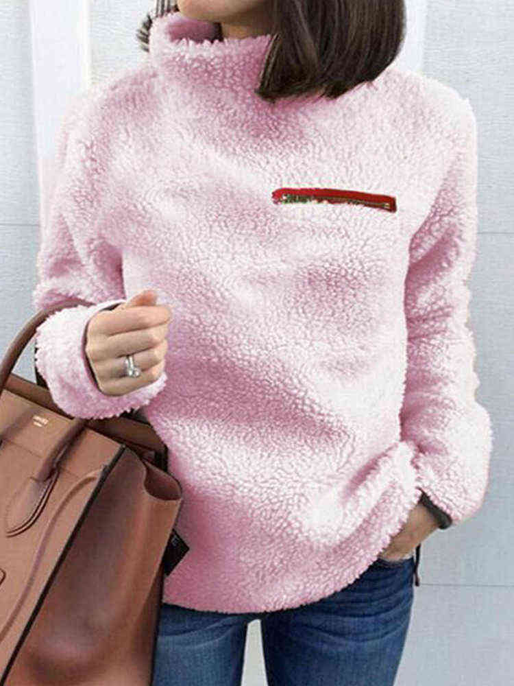 Women Sweatshirts Autumn Winter Top Long Sleeve Plush Warm Pullover Tunic Female Pink Ladies Clothing Zipper Streetwear 211109
