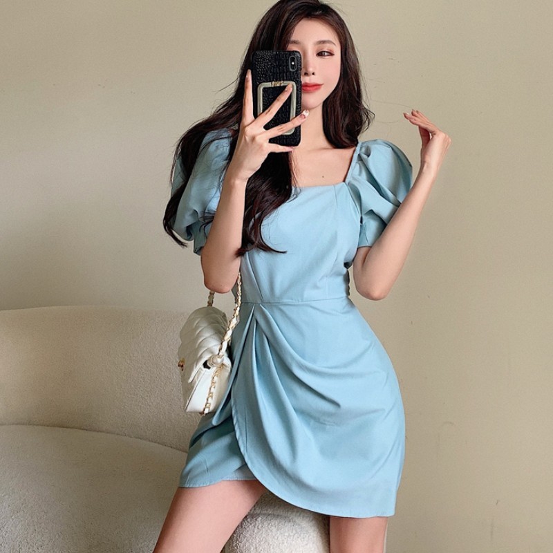 Summer Puff Sleeve Party Dress Women Solid Color Square Collar Bodycon Sexy Slim Waist Office OL Ruched Mini Dresses 210518