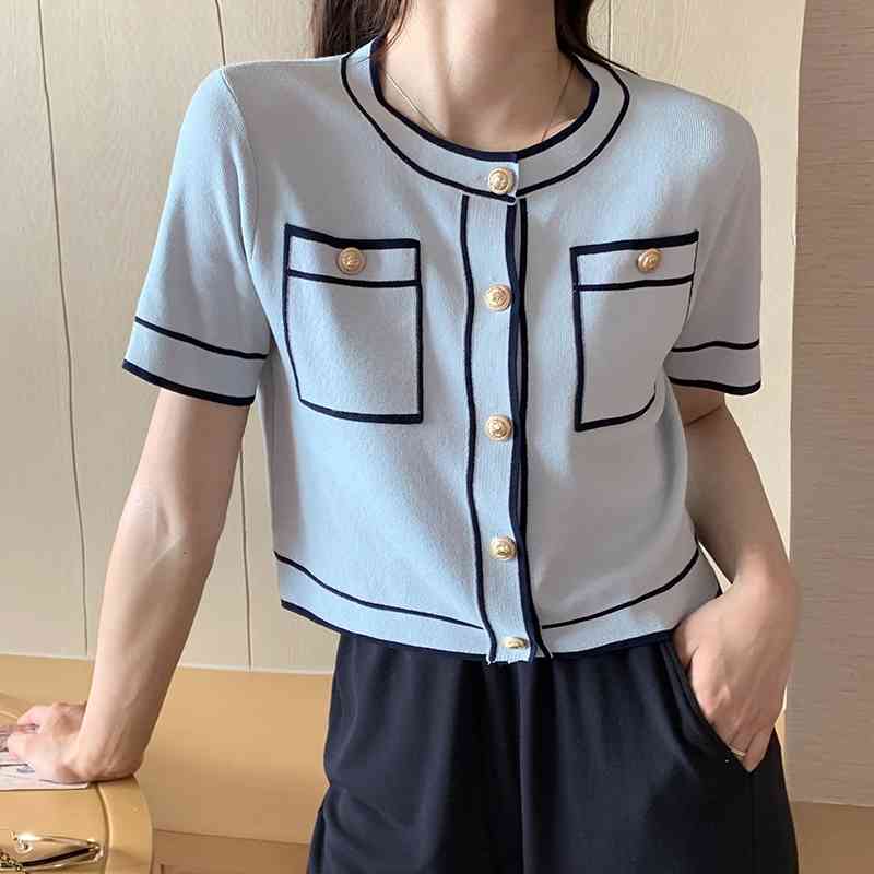Women Summer Fashion Short-sleeved Knitted Tops Female Short Thin Cardigan Tops Ladies Solid Color Loose Tops 210515