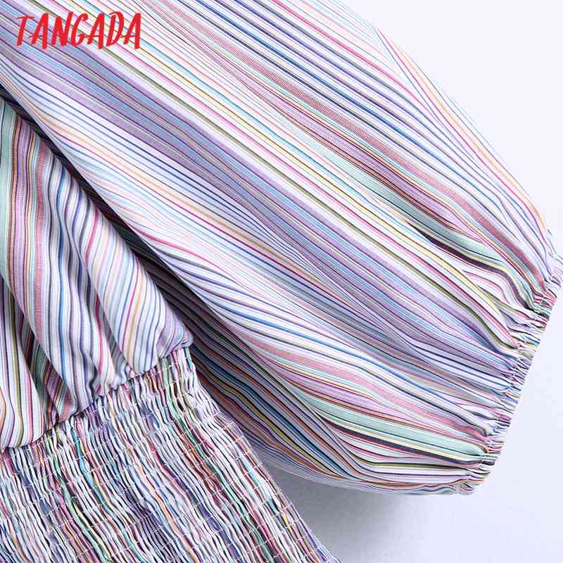 Women Fashion Striped Tunic Cropped Shirt Vintage V Neck Puff Sleeve Female Shirts Blusas Chic Tops BE524 210416