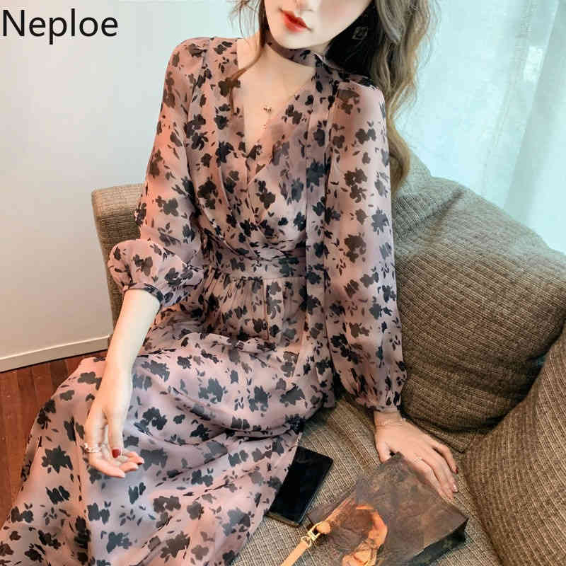 Neploe Elegant Print Dress Women Long Sleeve Slim Pleated Robe V Neck Lace-up Dresses Spring Fashion Temperament Vestidos 4i582 210422
