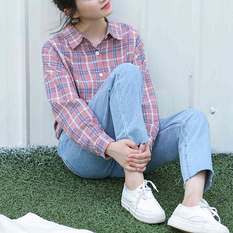 Women Elegant Plaid Blouse Bawting Long Sleeve Lady Shirts Pocket Turn Down Collar Casual Shirt Tunic Roupas Feminina 210508