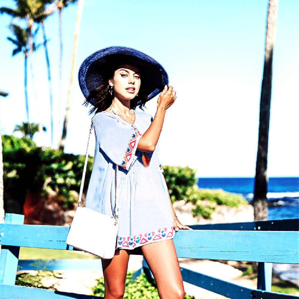 Embroidery Cotton Beach Caftan Tunic Cover up Saida de Praia Swimsuit Women Bikini cover Pareo Sarong wear #Q799 210420
