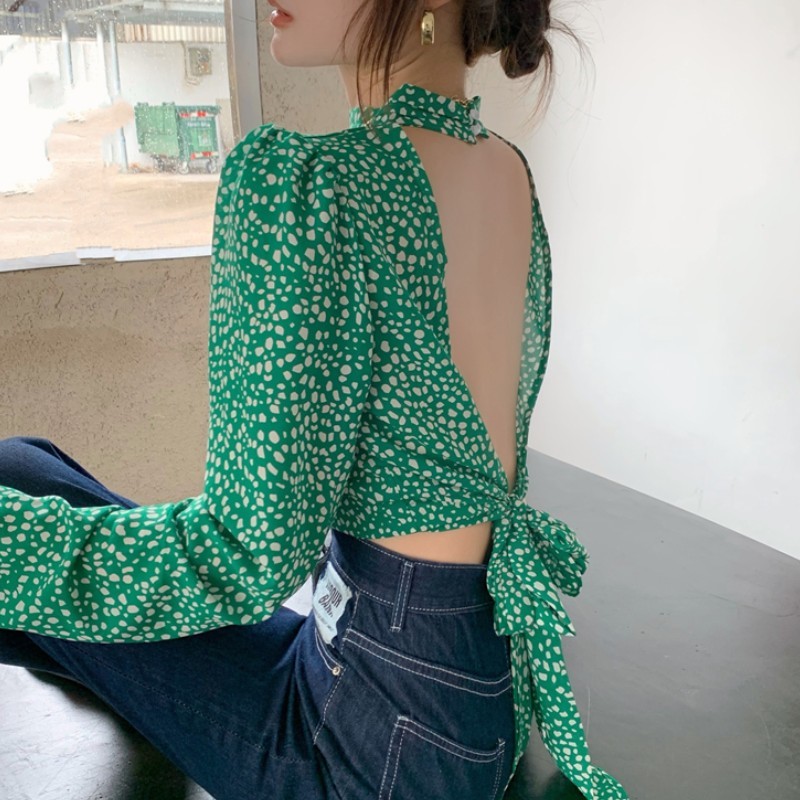 Sexy Backless Green Chiffon Floral Print Women Blouse Shirt O Neck Puff Long Sleeve Short Bloused Lace Up Ladies Blusas 210519