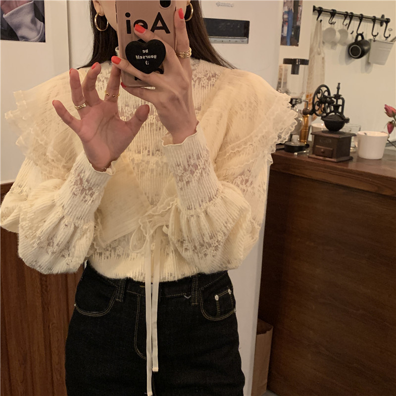 Comelsexy Apricot Ruffles Streetwear All Match Stylish Lace Patchwork Chic French Retro Gentle Blouses Tops Shirts 210515