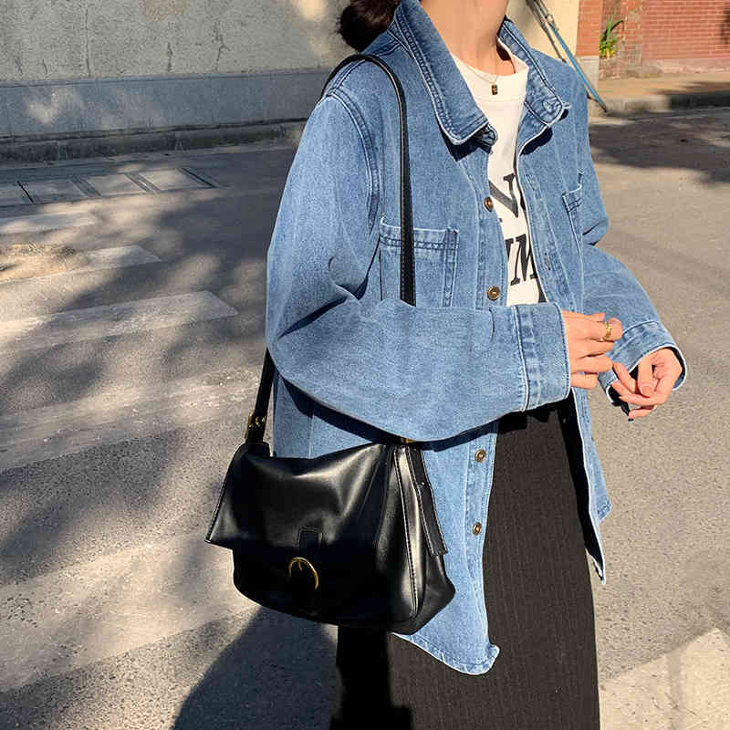 SML Vintage Denim Shirt Women Korean Long Sleeve Single Breasted Basic Jeans Blouse Pocket Femme (78627 210423