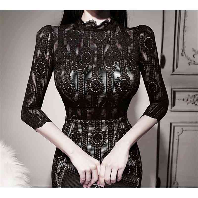 Women Elegant Lace Dress Black Pencil Spring Fitted Korea Sheath Club Party Vestidos 210519