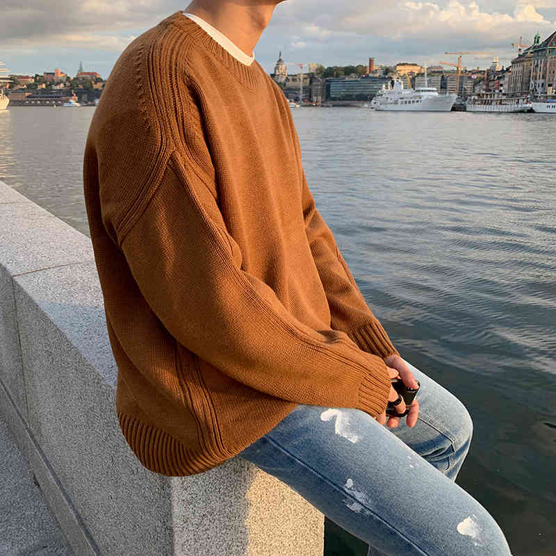 IEFB Korean Sweaters For Men Loose Fashion Kintwear Autumn And Winter Thickened Crew Neck Outerwear Tops Mens Basic Clothes 4497 210524