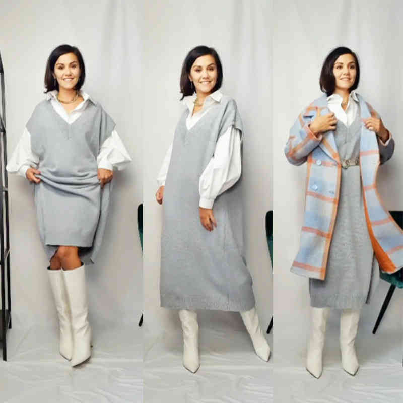 Warm Gray Sweater Dresses Women Oversize Sleeveless Casual Loose Knitted Dress Ladies Office Work Wear Long Dress Robe Longue 210331