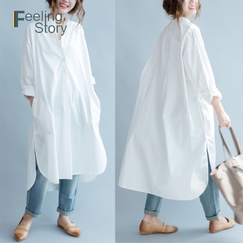 Korean Style Women's Collar Shirt Dress Plus Size White Cotton Side Split Single Breasted Women Summer 210603 
Korean Style Women's Collar Shirt Dress Plus Size White Cotton Side Split Single Breasted Women Summer 210603