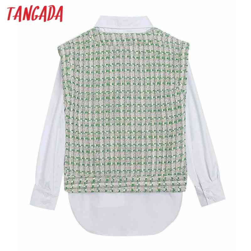 Women Retro Green Plaid Tweed Patchwork Blouse Long Sleeve Chic Female Shirt Tops 6H3 210416