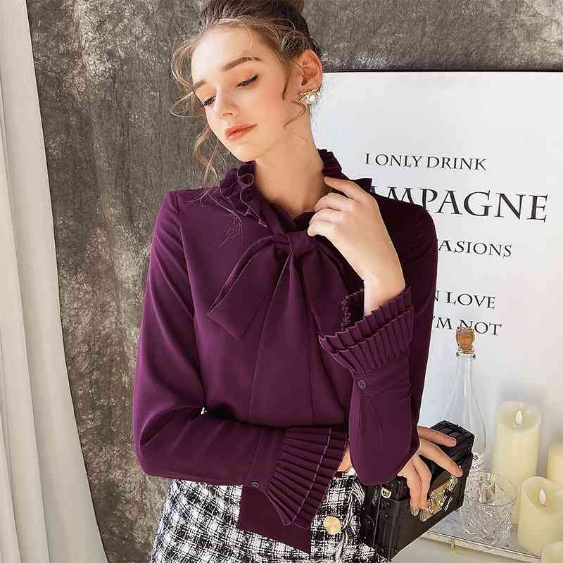 Dabuwawa Vintage Ruffles Elegant Women Blouse Shirts Casual Office Lady Bow Tie Blouses Shirt Solid Work Wear Tops DO1AST029 210520