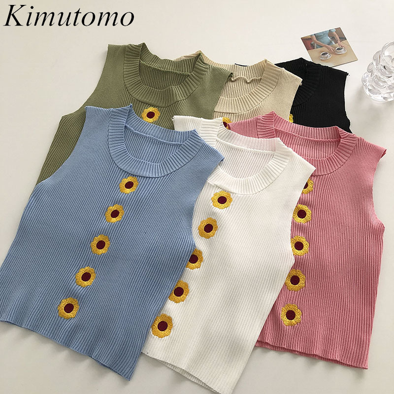 

Kimutomo Sleeveless Knitted Tank Women's Summer Korean Fresh Style Sunflower Embroidered Short O-neck Tops Fashion 210521, Blue