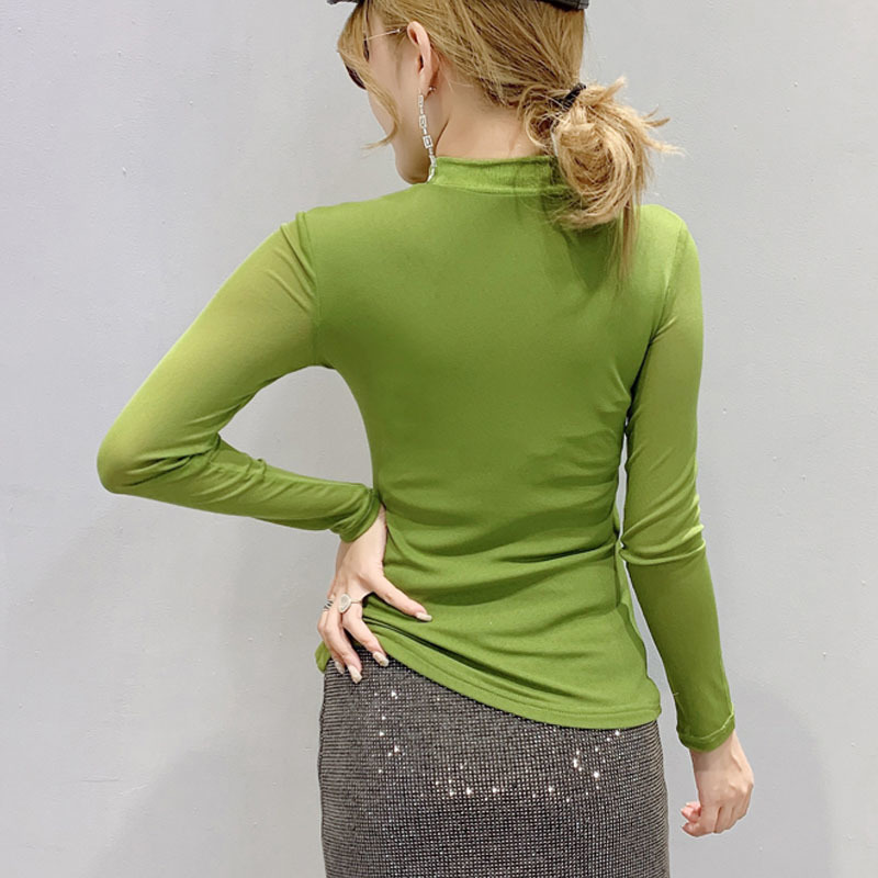 Mesh Long Sleeve Solid Women Blouse Tops Chemisier Femme Casual Slim Fit O-Neck Shirt Clothes Autumn 7300 50 210506