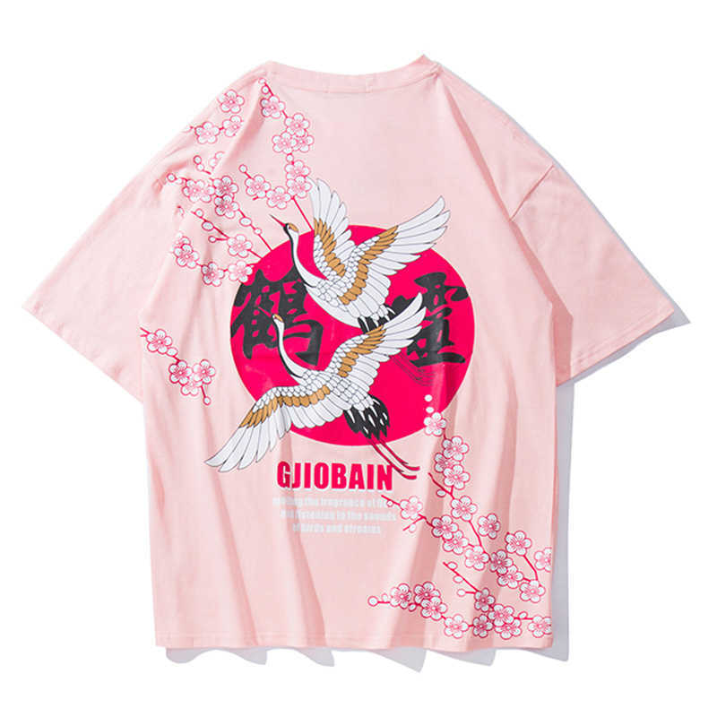 2019 Summer High Quality Crane Sakura Flower Print Short Sleeve Shirt Couple Casual Oversized Cotton Harajuku T-Shirt Tee Male X0628