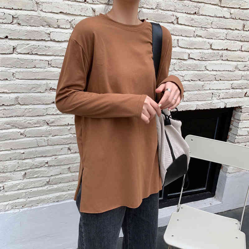 Split Women T-Shirts Casual Korean Loose Solid All Match Stylish Brief Female Streetwear Cotton Tops 210421