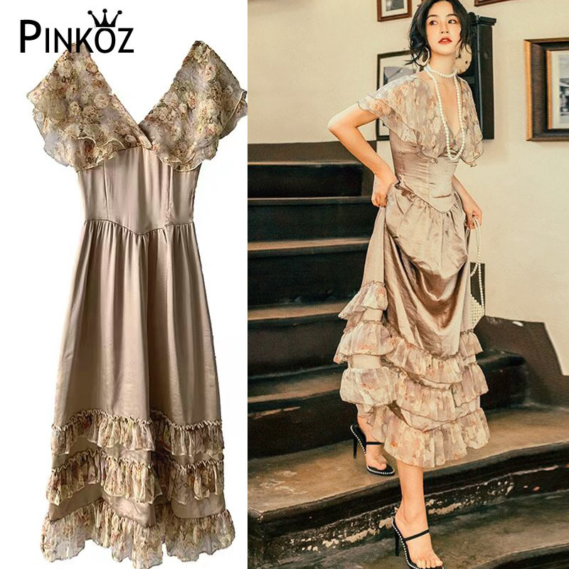 vintage vesdios long dresses ruffles floral print v neck butterfly sleeve summer party patchwork high waist 210421
