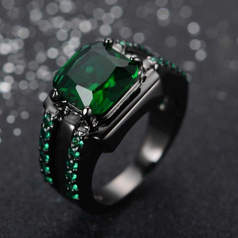 Vintage Male Female Crystal Green Ring Charm 14kt Black Gold Wedding Rings Punk Square Zircon Engagement Rings For Men Women X0715