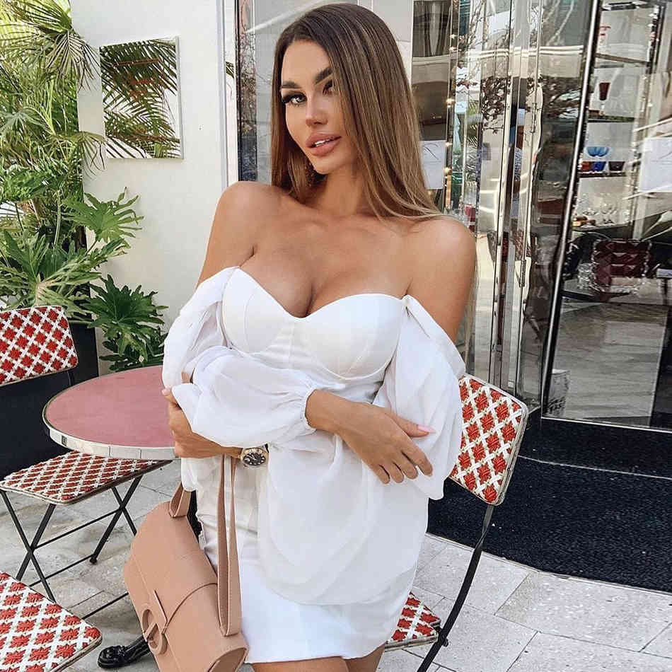 Summer Fashion White Long Sleeve Mini Dress Sexy Lace Strapless Women Club Celebrity Runway Party Dresses Vestido 210423