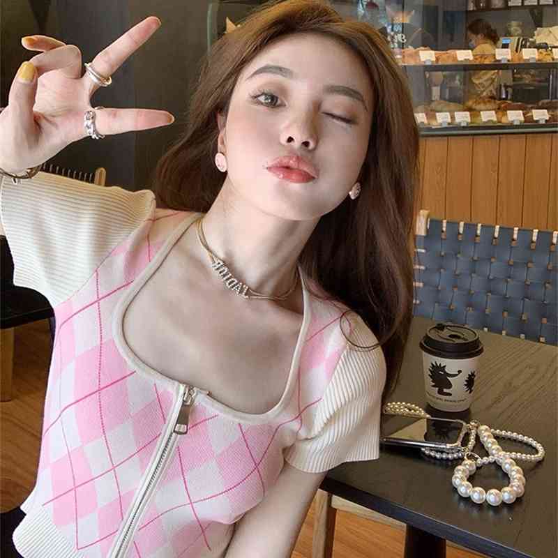 Summer Two-piece Set Women Plaid knit zipper Crop Top + Bodycon Mini Skirt Female Sweet Short Sleeve Outfit 210519