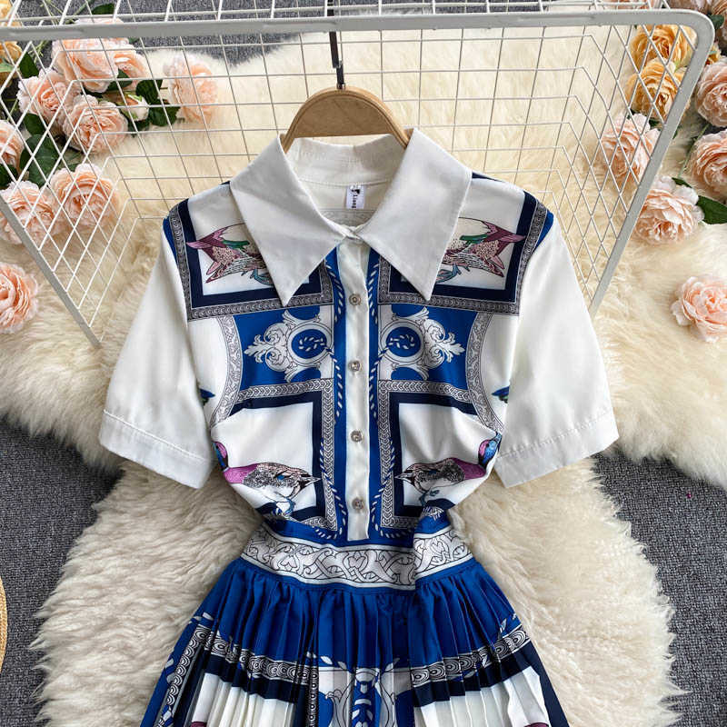 Women's Fashion Short-sleeved Printing Pleated A-line Dress Vintage Elegant Clothes Vestidos De Mujer S768 210527