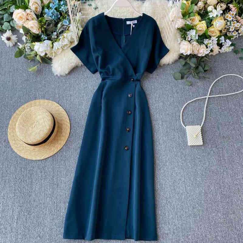 Summer Korean Solid Women Dress Vintage Short Sleeve Mid-Calf Party Dress Single-breasted V-Neck Vestidos Cute Clothing 210521