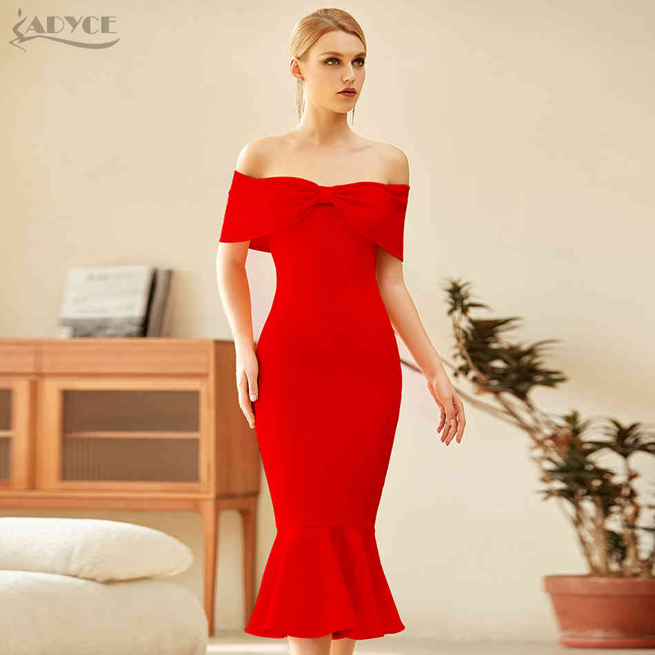 Winter Women Red Off Shoulder Short Sleeve Club Bodycon Bandage Dress Sexy Mermaid Celebrity Runway Party Dresses 210423