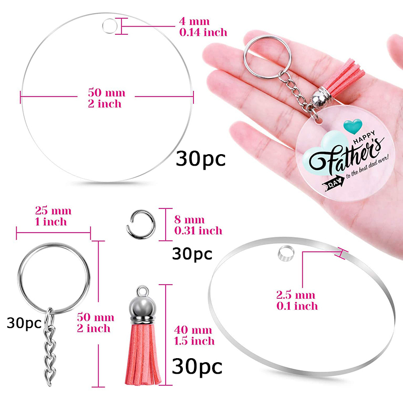 120pc/set Acrylic Clear Circle Blanks Keychain Tassels Set Acrylic Circle Keyring Tassels Jump Rings For Jewelry DIY Keychains 210409