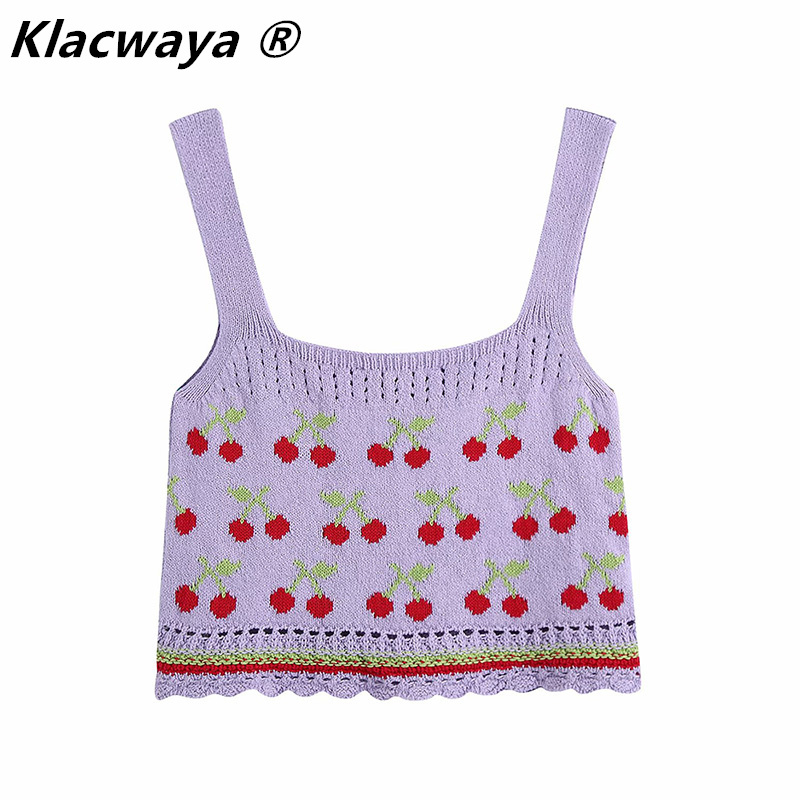 Women Sweet Cherry Print Jacquard Sling Knit Sweater Female Hollow Out Crochet Short Vest Chic Summer Crop Tops 210521