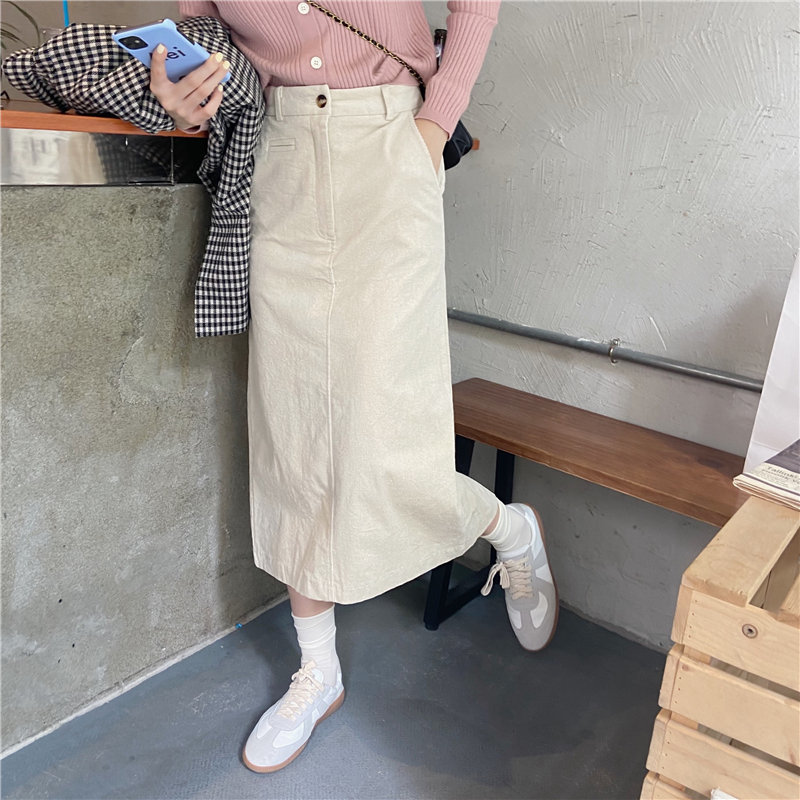 Split Corduroy High Waist Straight Fashion Bottoming Skirt Female OL Elegant Solid Long Skirts Women 210421