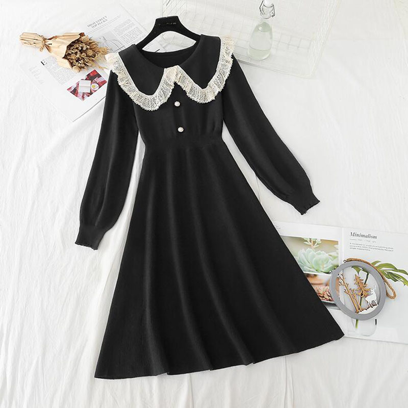 Elegant Women Red Knitted Dress Spring Autumn Doll collar Solid Long Sleeve Sweater Vestidos Office Lady Midi Dress 210521