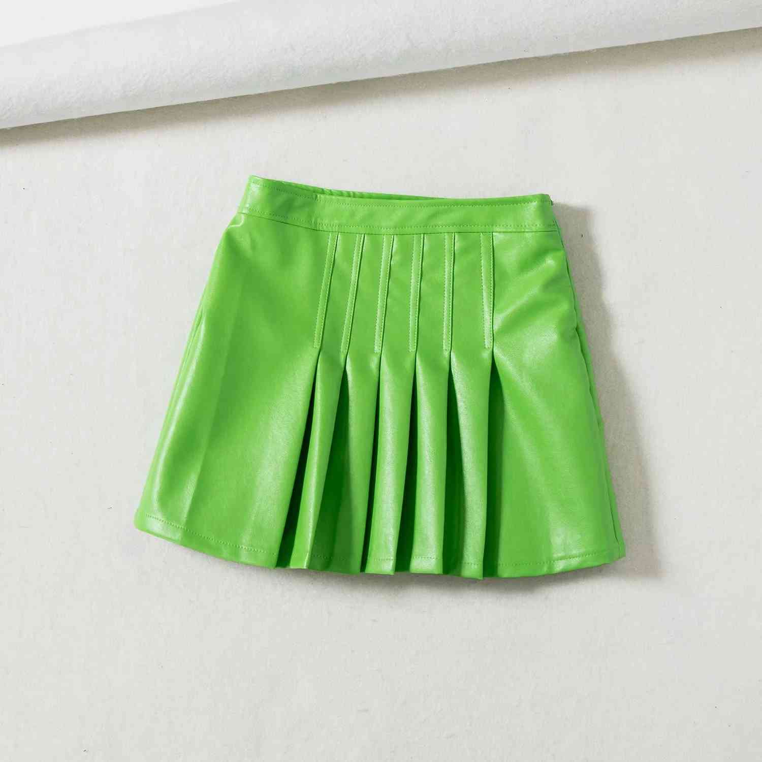 Sexy green Pleated mini Skirts womens high waist PU skirt streetwear korean leather fur fashion ladies jupe femme 210521