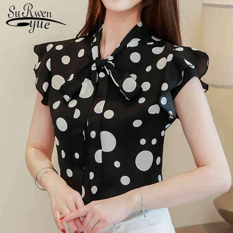 Fashion Summer Casual Women Tops V-neck Short Sleeve Bow Polka Dot Clothing Elegant Chiffon Blouses 5556 50 210508