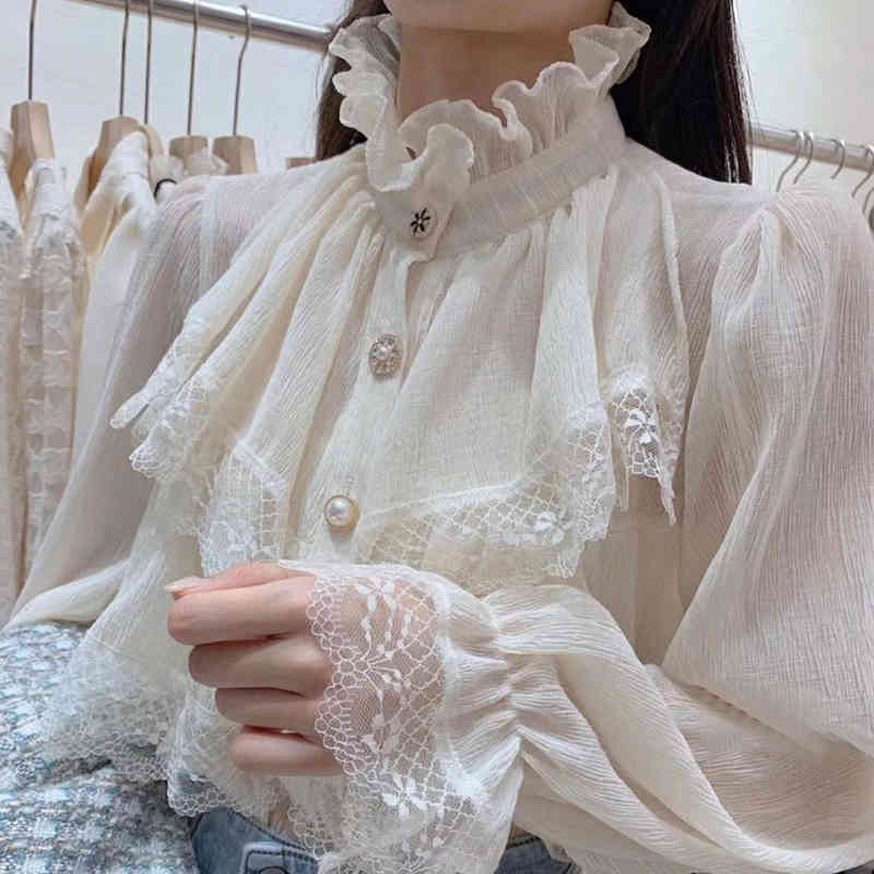 Fashion Lace Chiffon Bouse Spring Korean Chic Turtleneck Long Sleeve Shirt Women Ruffles Button Ladies Tops 12947 210506