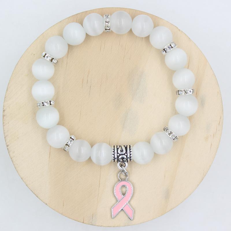 Pack Breast Cancer Awareness Jewelry White Pink Opal Beaded Bracelet Ribbon Charm BraceletsBangles Bracelets