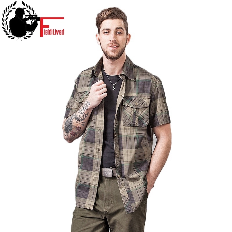 Men's Casual Button Plaid Shirts Pure Cotton Short Sleeves Men Army Uniform Military Style Clothing Summer Slim Shirts Male 210518 
Men's Casual Button Plaid Shirts Pure Cotton Short Sleeves Men Army Uniform Military Style Clothing Summer Slim Shirts Male 210518
