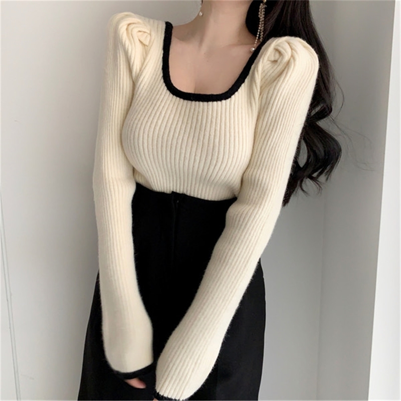 Korean Puff Sleeve Knitted Short Pullover Top Women Square Collar Long Vintage Sexy Sweater Fashion Ladies Elegant Jumper 210514