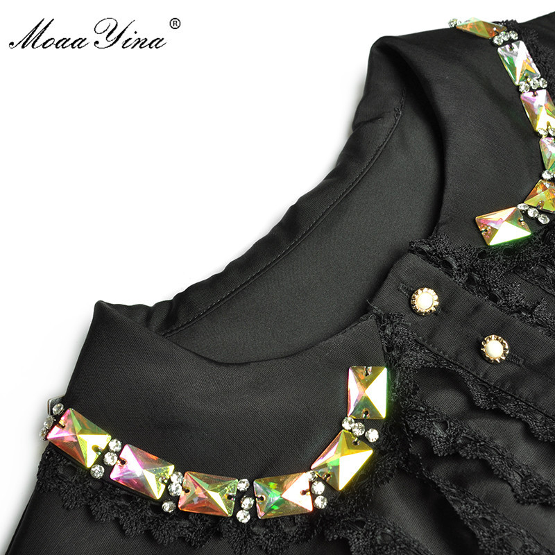 Fashion dress Spring Women's Dress Beaded Diamond Peter pan Collar Long sleeve Black Lace Elegant long Dresses 210524