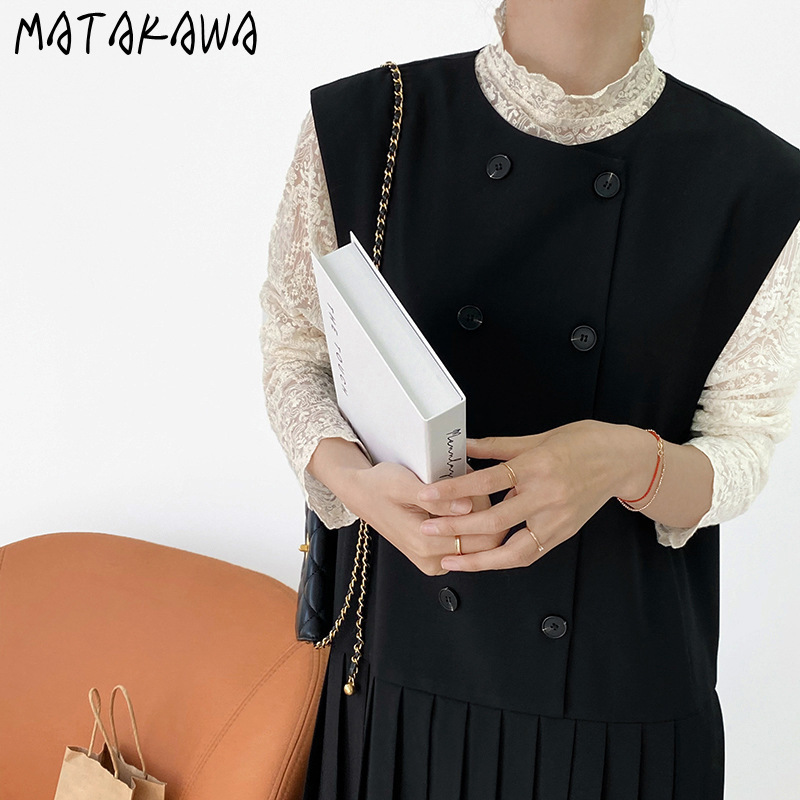 MATAKAWA Korea Black Pleated Woman Dress Sleeveless Vest Robe Women Loose Stitching Mid-length Vestidos + Shawl 210513