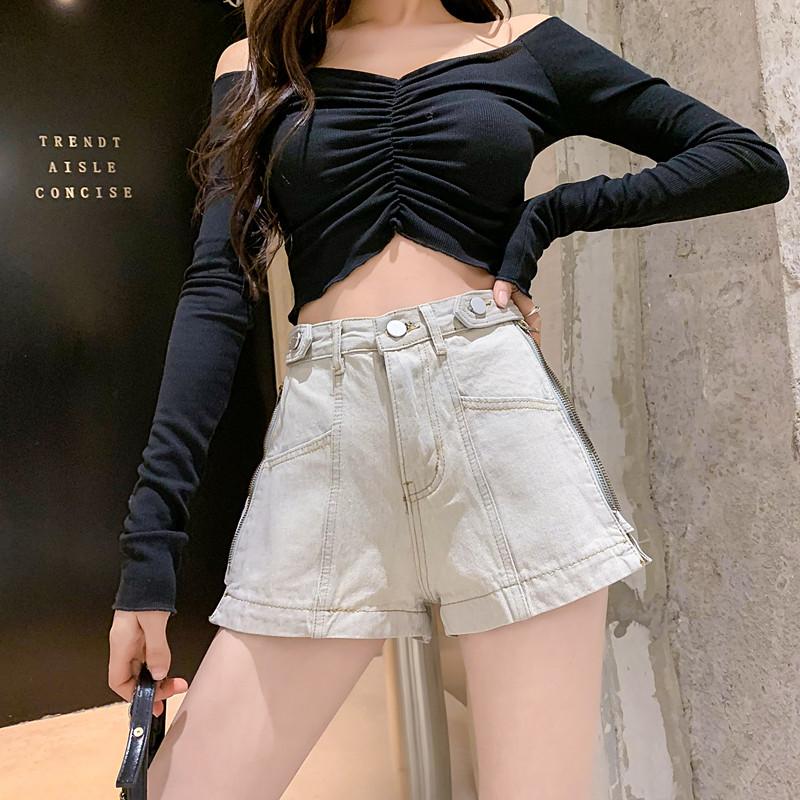 Spring And Summer Wide Leg Loose Thin Wild Side Zipper Denim Shorts Women's High Waist A Word Short